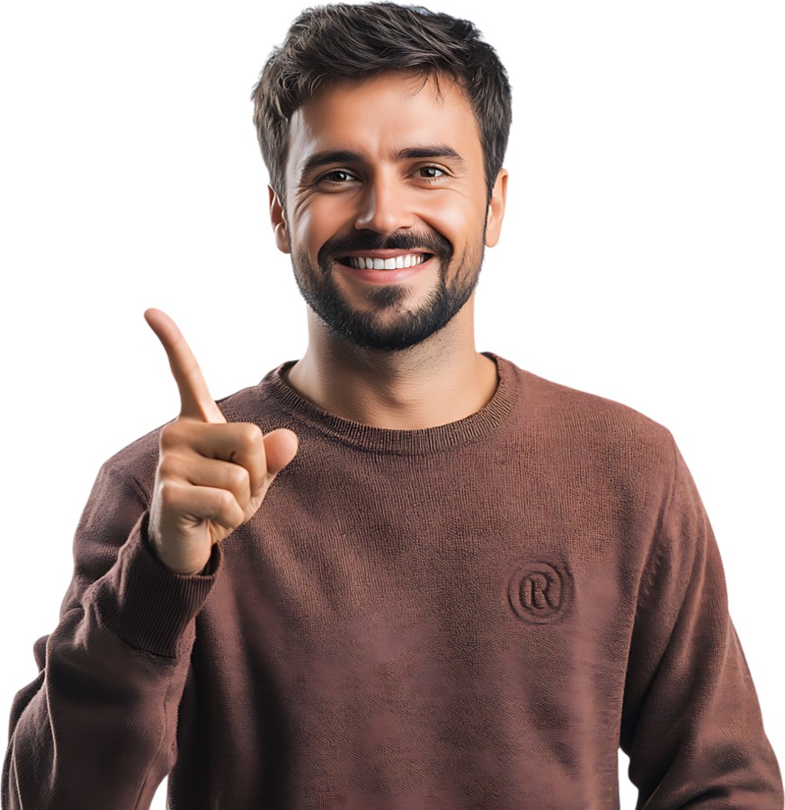 Lucas, desenvolvedor front-end, sorrindo e apontando